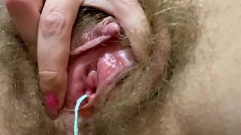double orgasm with super wet hairy pussy and tampons inside huge clitoris