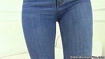 Neatly trimmed milf Chloe from France slides out of her jeans and lets her fingers pleasure her pussy. Bonus video: German milf Kristine Von Saar.